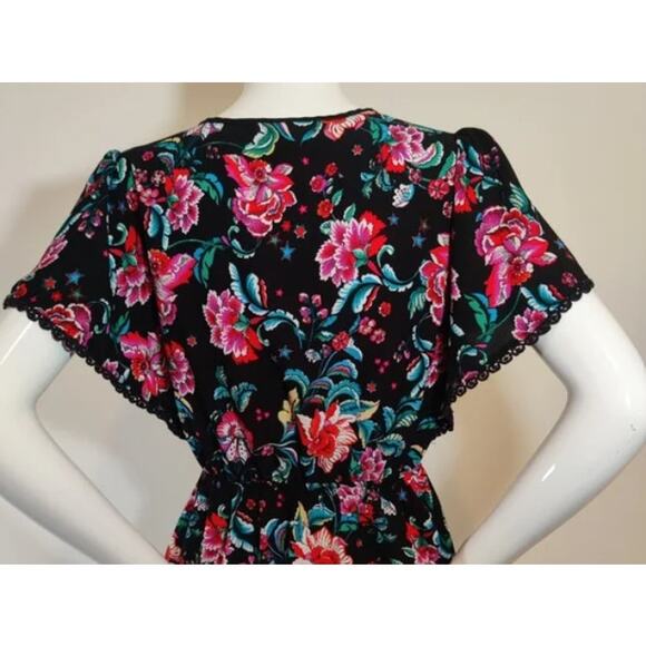 Monteau Floral Top Shirt Lace Trim Elastic Waist Blouse Medium Multi Color - Picture 2 of 8